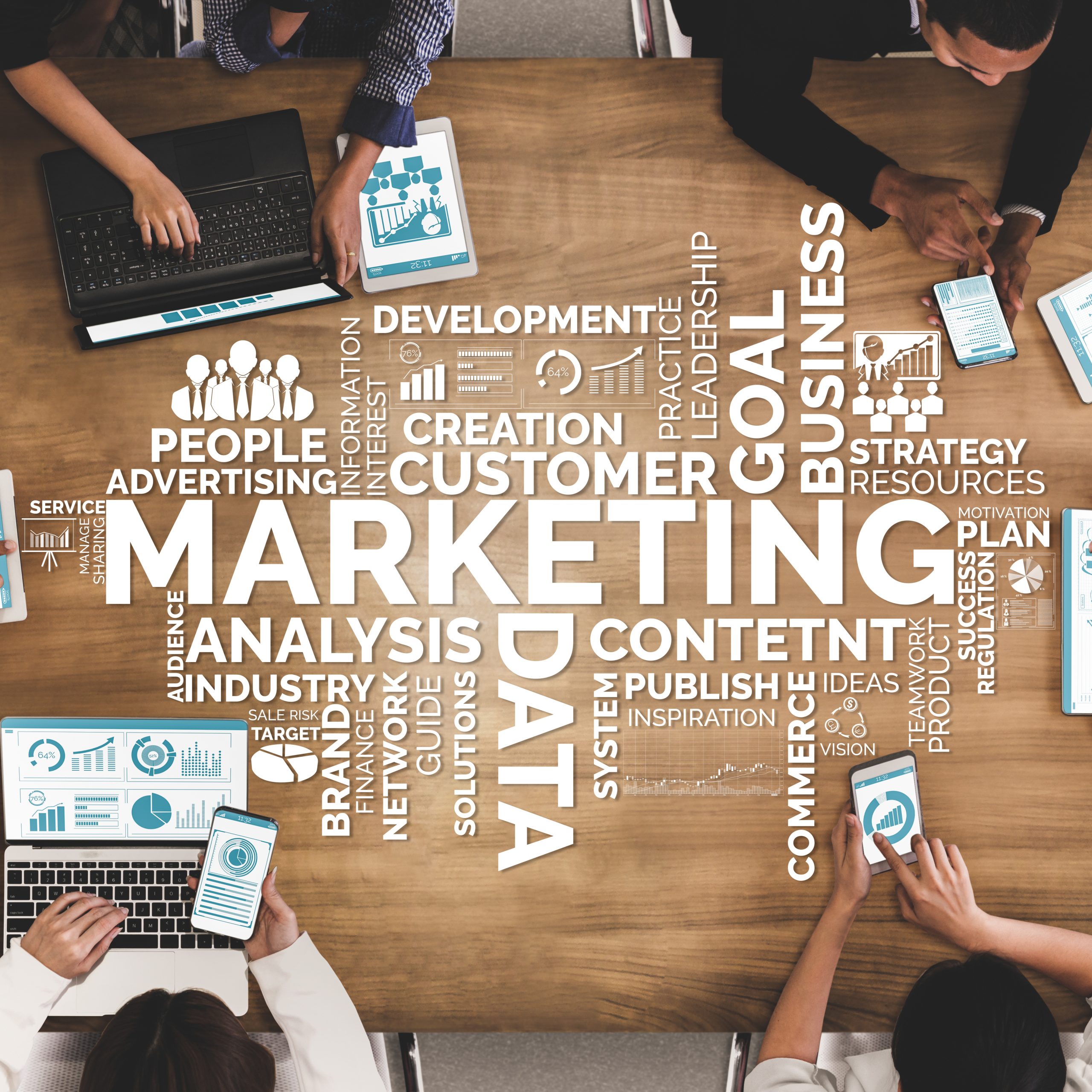 Digital Marketing Technology Solution for Online Business Concept - Graphic interface showing analytic diagram of online market promotion strategy on digital advertising platform via social media.