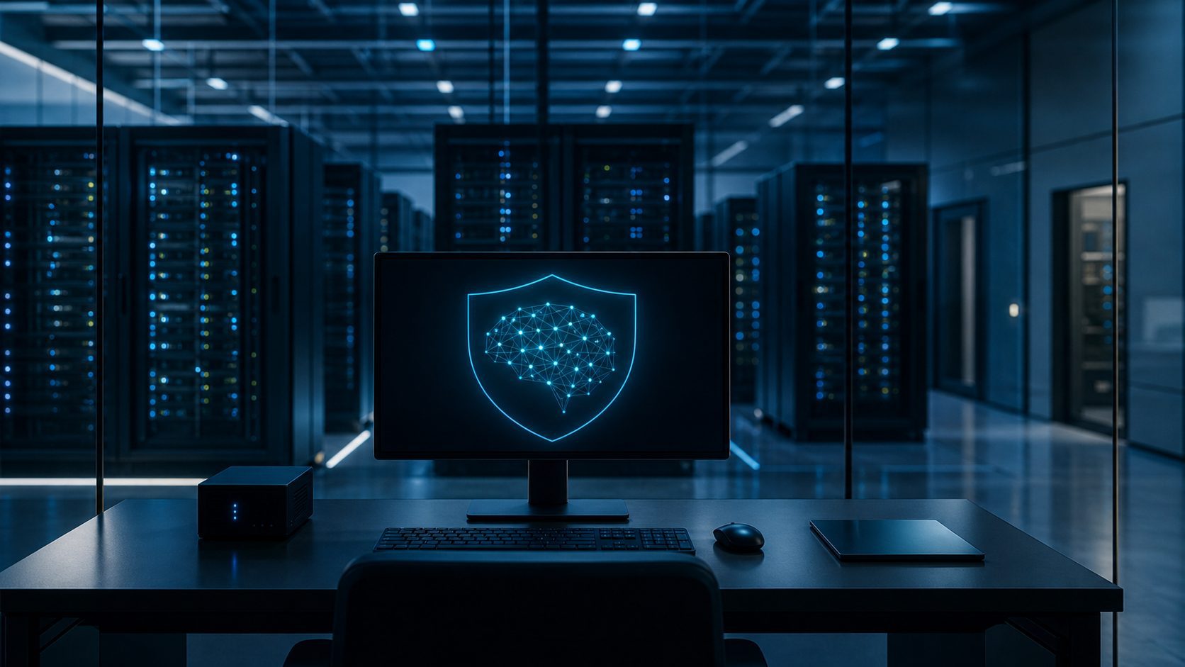 Secure artificial-intelligence shield displayed inside a private data center